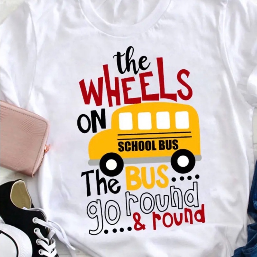 NEW Wheels on the bus go round Graphic Tee - White, Red, Yellow